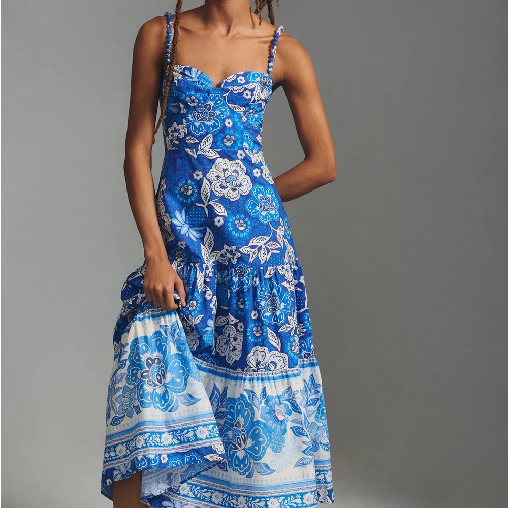 Farm Rio Floral Blue Sweetheart Midi Dress Organic Cotton